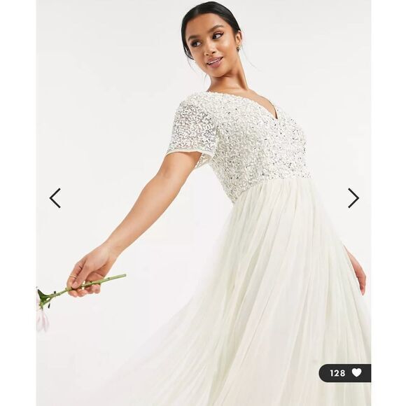 NEW Maya Deluxe Maya Bridal v neck maxi tulle dress with tonal delicate sequin 6 - Picture 3 of 16